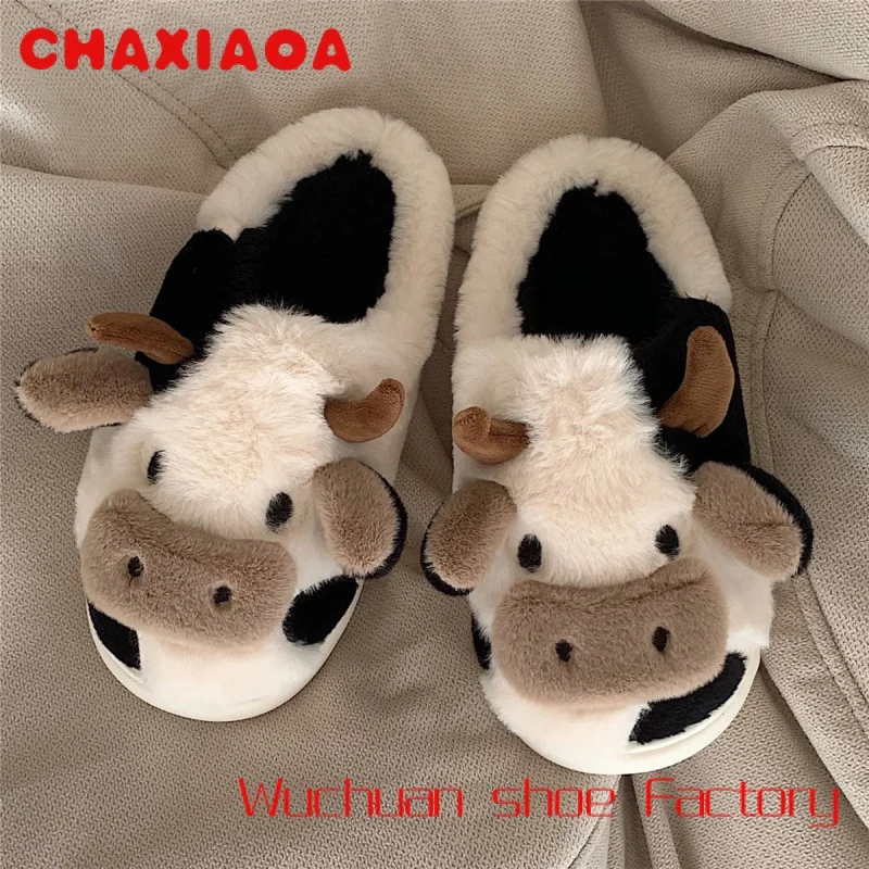 

Cows Fluffy Fur Slippers Women Winter Warm Closed Plush Home Slippers Flat Cute Animal Slides Shoes