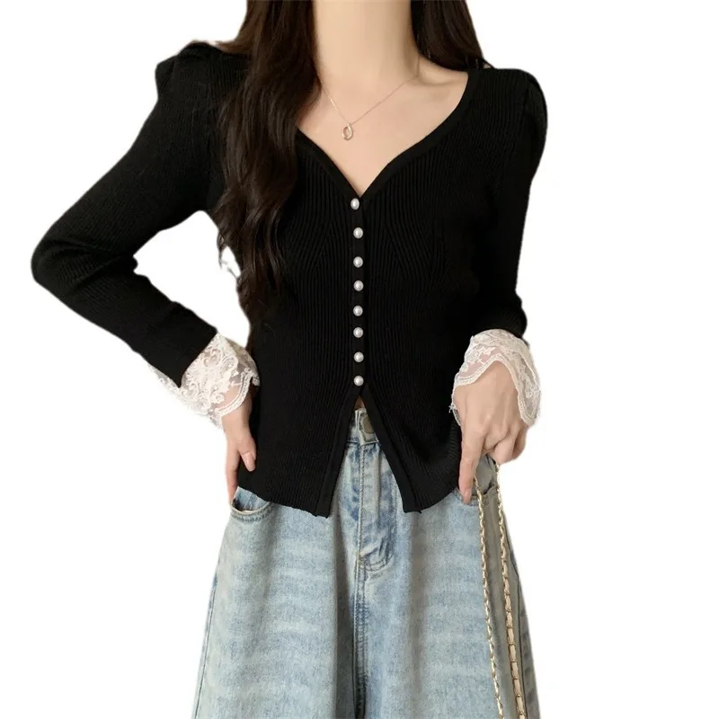 Women Long Sleeve Lace Knitted Sweater Autumn Spring Cardigan