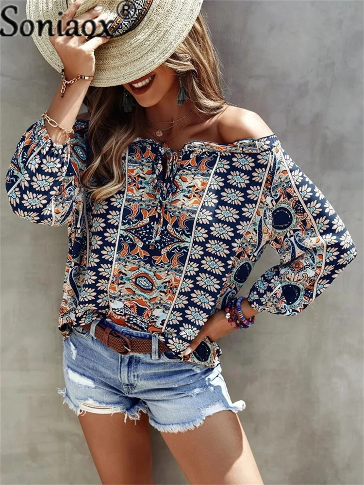 2022 Boho Floral Print Ruffle Blouse Womens Summer Off Shoulder Blouse Long Sleeves Casual Elegant Chiffon Tops Shirts Blusas