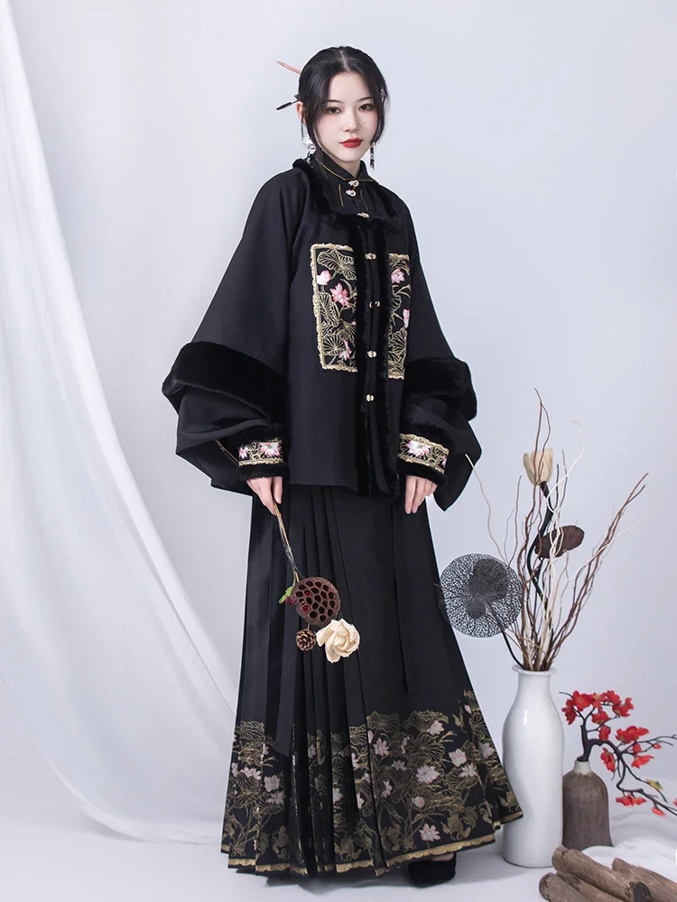 Gold-Woven Horse Face Skirt 2pcs Set Winter Hanfu Modern PIPA large Sleeves Coat Shirt+Skirt Chinese Hanfu Sets Plus Size XL