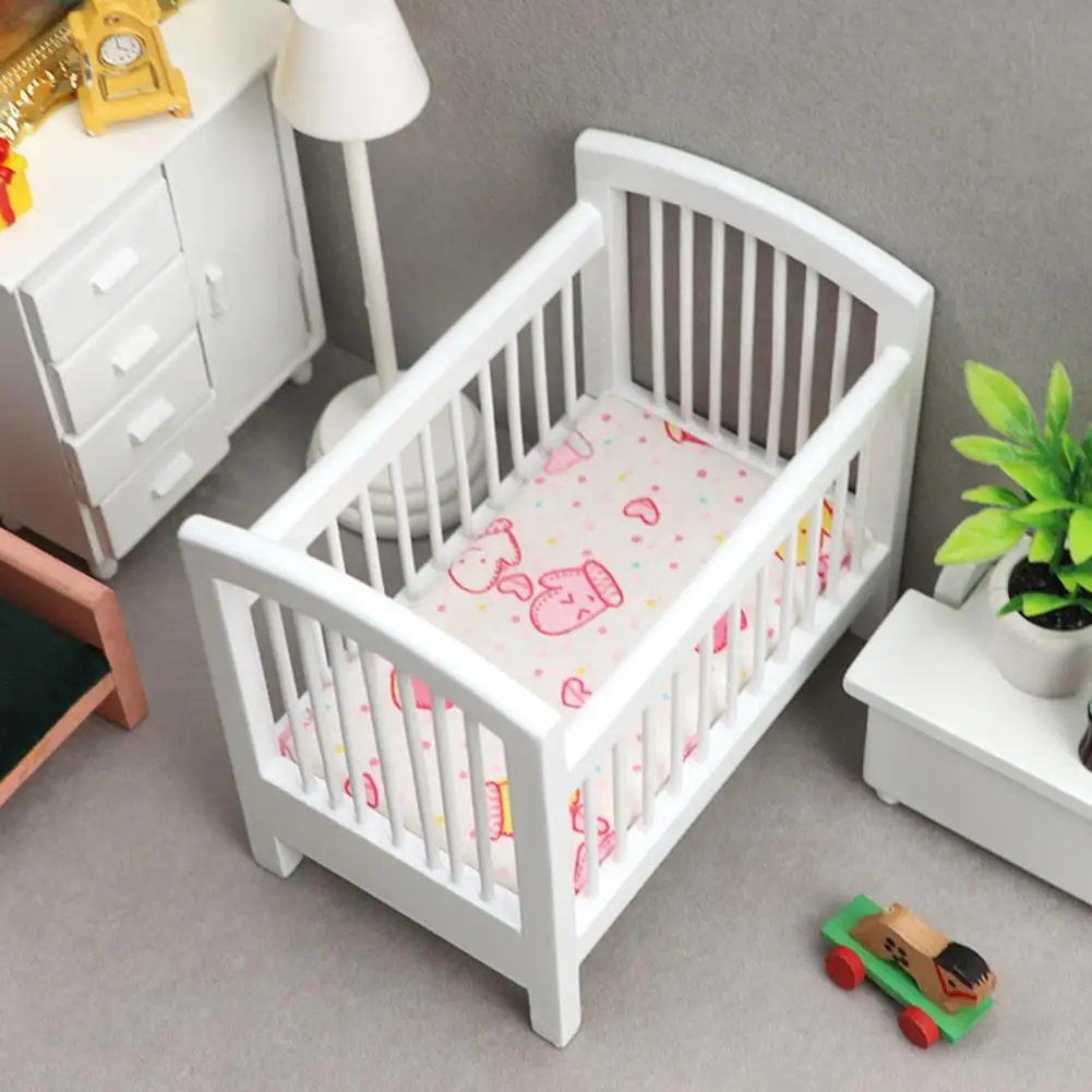 Interesting Doll House Baby Bed Oblong Doll House Cradle Handrail Wood Unbreakable White Miniature Baby Bed