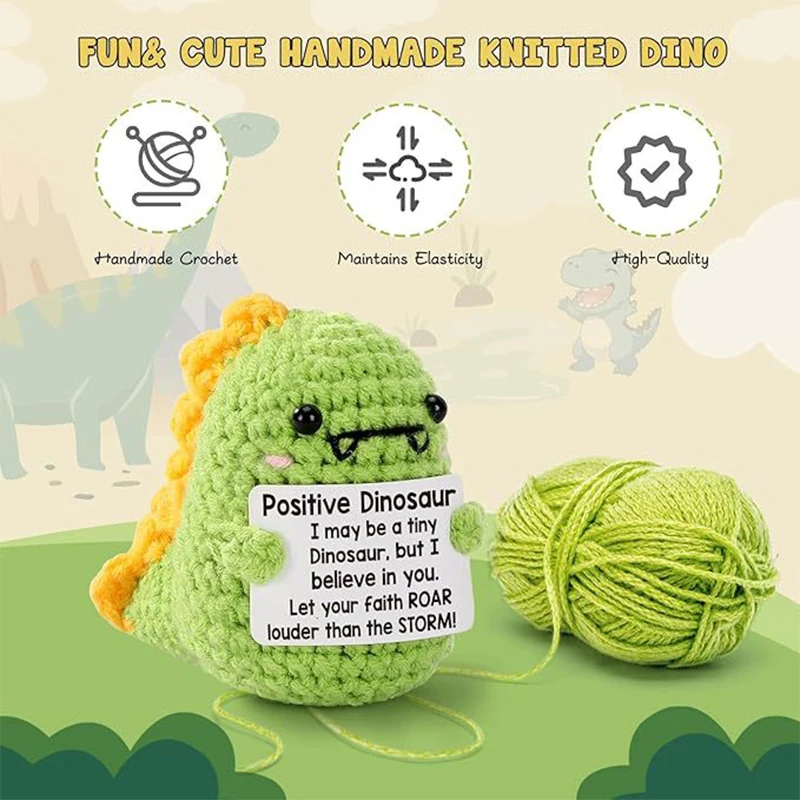 Cute Positive Energy Crochet Dinosaur Wool Knitting Doll with Card Handmade Knitted Ornament Room Decor Birthday Christmas Gifts
