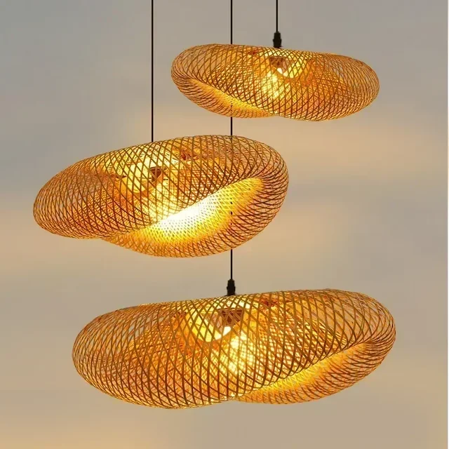 Bamboo Hand-Woven Pendant Light – 38cm Rattan LED Hanging Ceiling Lamp for Bedroom & Home Decor