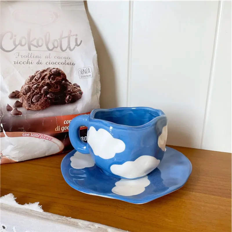 

200ml Hand Painted Cup Dish Set Korea Style Ceramic Mug Irregula Coffee Cup Breakfast Tea Milk Juice Cup Creative Drinking Glass