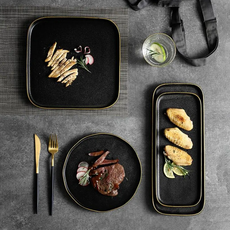 Black Gilt Rim Matte Anti-scratch Porcelain Dinner Plate Set Kitchen Plate Ceramic Tableware Steak Plate Western Food Plate