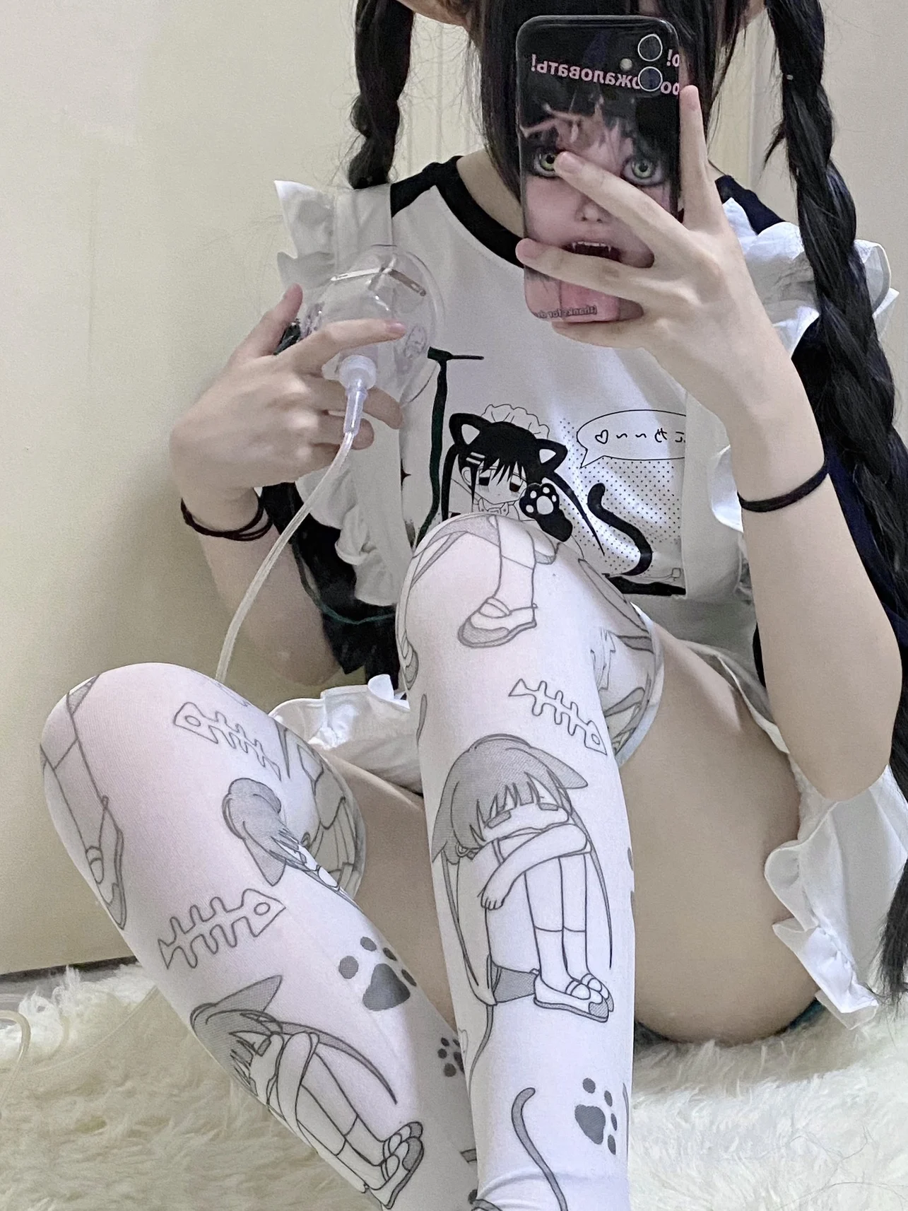 Y2K Cute Cat Printing Socks Black and White All-Matching Sweet Velvet Above Knee Socks Student Girls Stockings