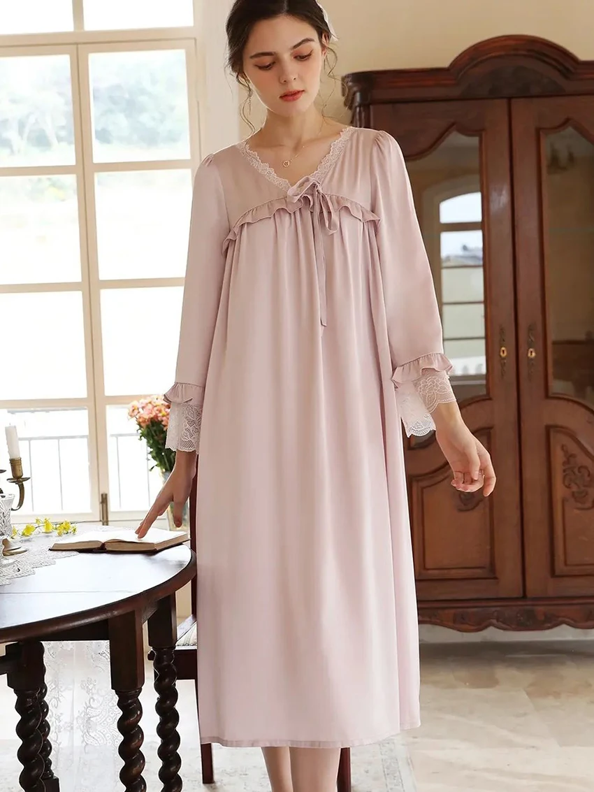 

Marthaqiqi Elegant Female Nightgowns Sexy V-Neck Sleepwear Long Sleeve Pajama Lace Mid-Calf Dress Casual Home Clothes For Women