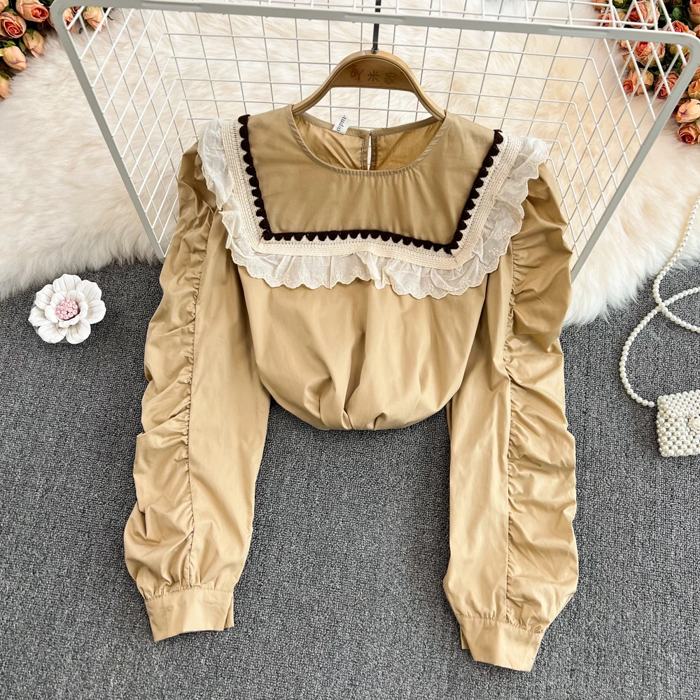 

Spring 2022 Korean Retro Aging Ruffled Lantern Sleeve Pleated Loose Shirt Women's Foreign Style Long Sleeve Top