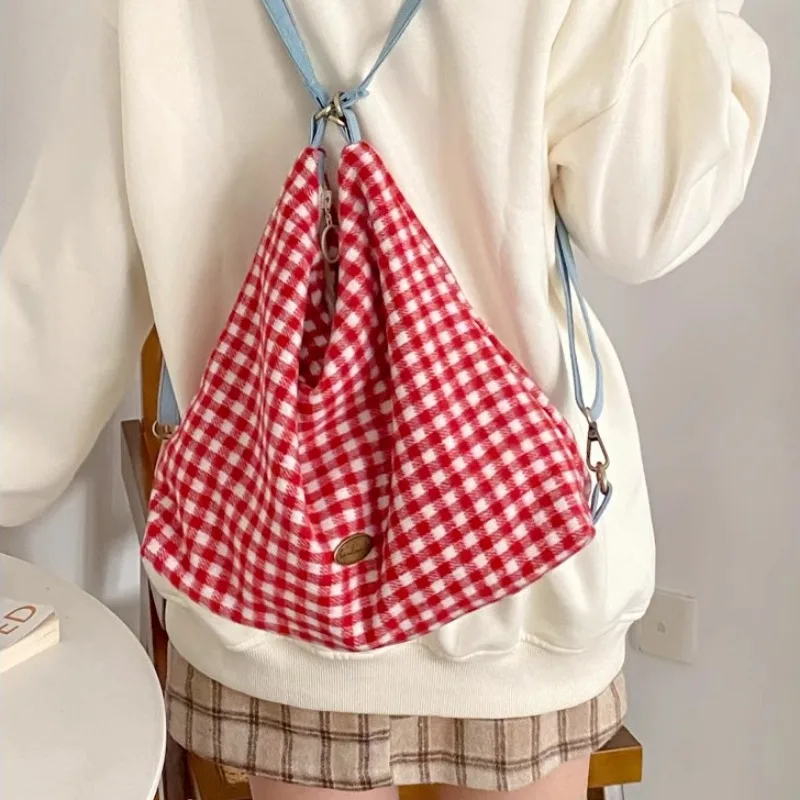 Xiuya Plaid Red Shoulder Bag for Women Elegant Casual College Style Large Capacity Backpack Cute Sweet 2024 Harajuku Fashion Bag