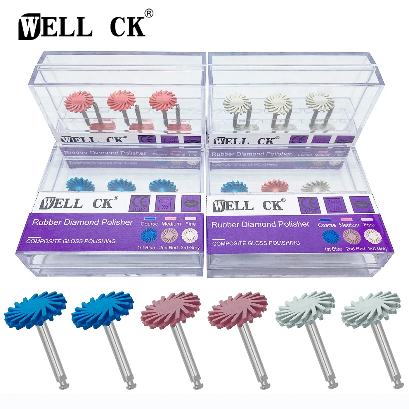 WellCK 6pcs/Set Dental Rubber Polisher Composite Resin Polishing Diamond System RA Disc Kit 14mm Wheel Spiral Flex Brush Burs 1