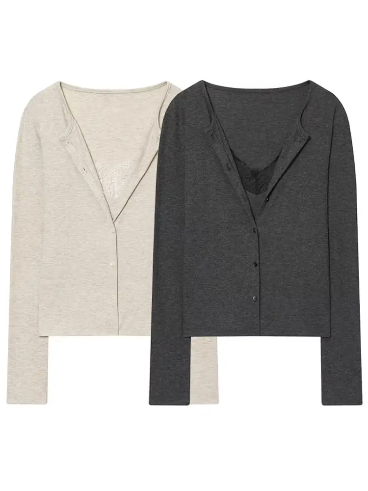 HH Women Elegant Solid Lace V Neck Cardigan Coat Long Sleeve Cropped Knit Sweater Tops Spring Fashion Y2K High Street Chic Coats