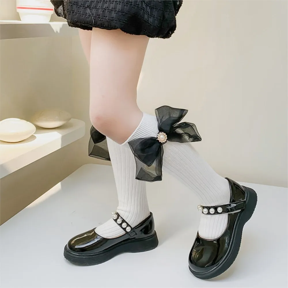 Girls socks pearl big bowknot sweet princess calf sock kids baby knee high stocking combed cotton sokken toddler infant cotton socks,children socks,cotton knee socks