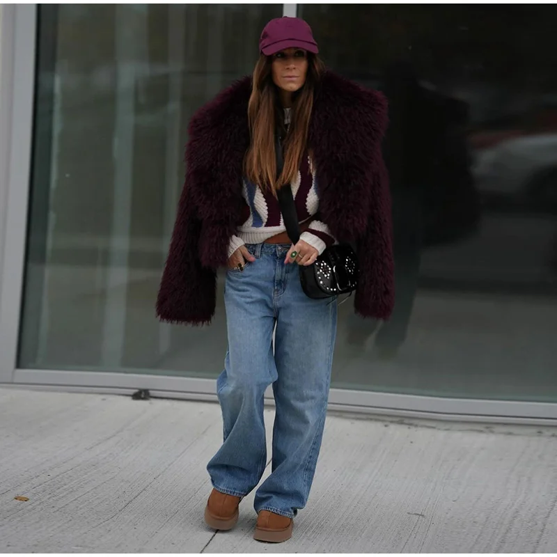 Fashion Women Faux Fur Coat Fluffy Lapel Loose Long Sleeve Burgundy Red Cropped Jacket Female Winter High Street Outwear