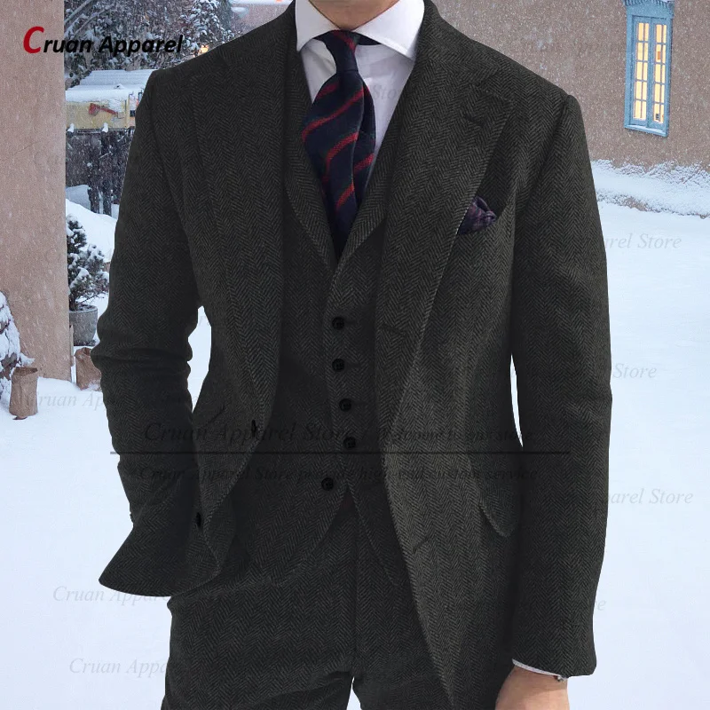 Herringbone Suit Men 3 Pieces Formal Business Tweed Tuxedo for Men Tailor-made Retro Wedding Suit Jacket Vest Pants Set