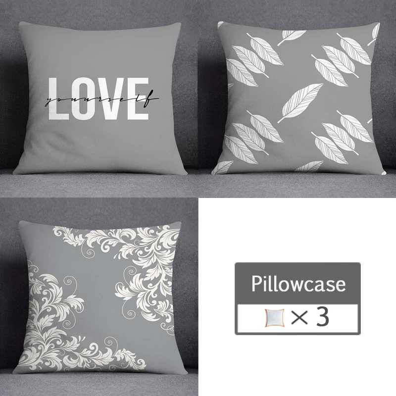 3pcs/lot 45X45CM Gray Lumbar Pillow Case Polyester Geometry Leaf Floral Stripes Plaids Print Sofa Throw Cushion Cover Home Decor 
