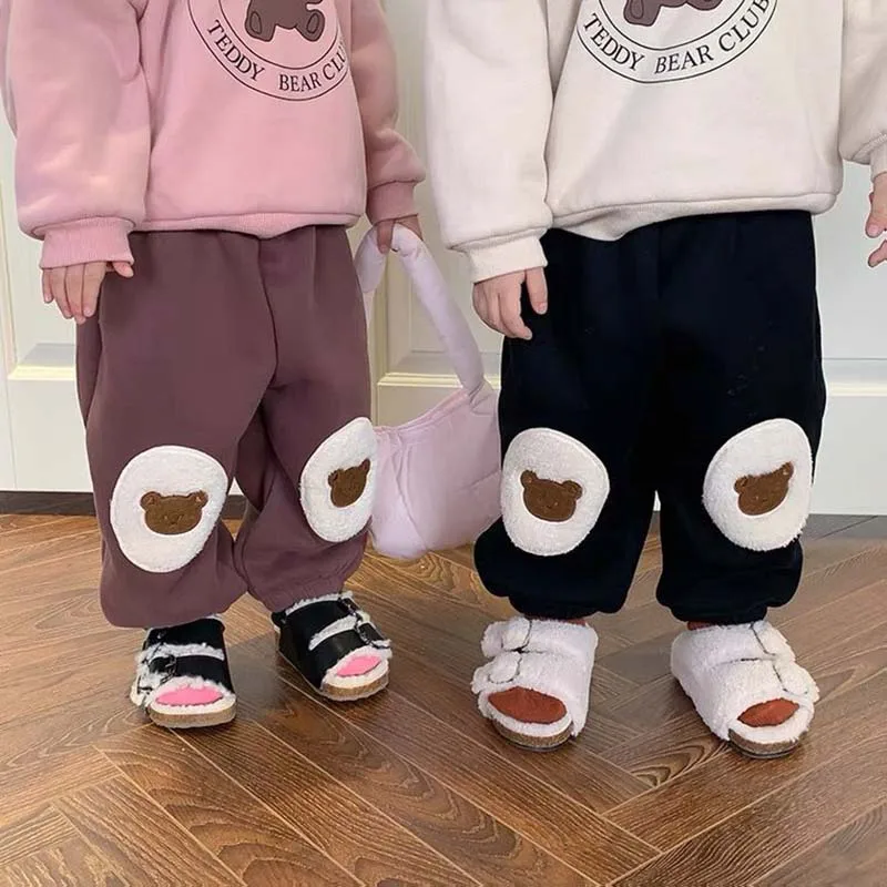 

Winter Plush Warm Kids Pants Cute Bear Children's Bear Sticker Cloth Plush Pants for Boys Girls Thickened Loose Casual Pants