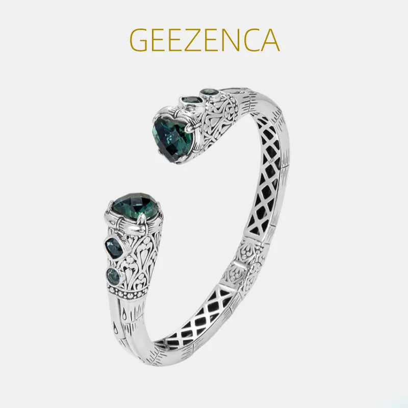 

Geezenca S925 Silver Thai Heart Green Crystal Amethyst Bangle Hollow Carve Patterns Bracelet Bangles Vintage Fine Jewelry Women