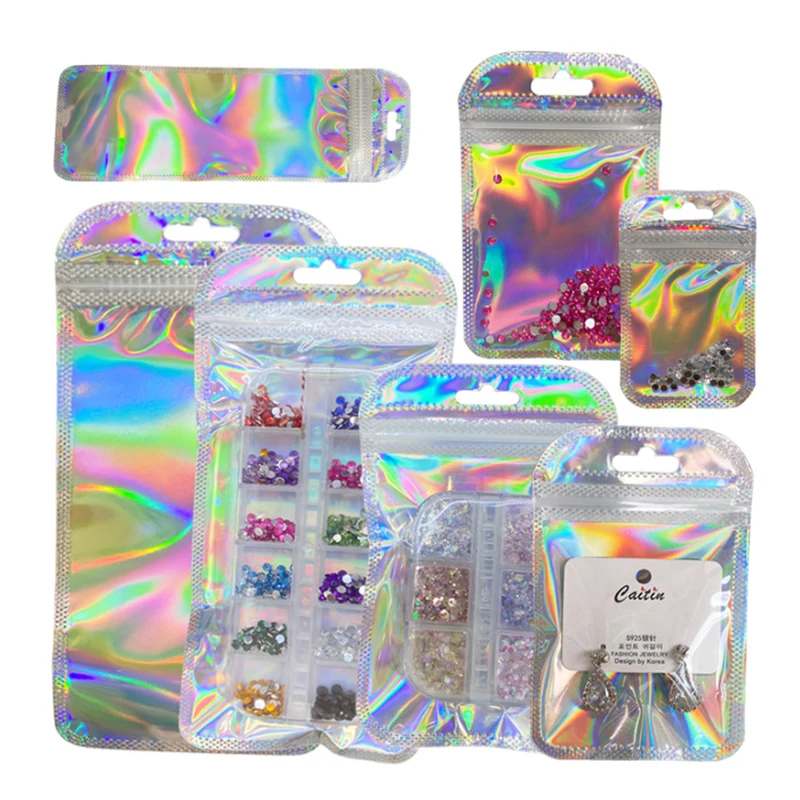 50pcs Laser Iridescent Zip lock Bag Thicken Self Sealing OPP Bags Plastic Bag with Hang Hole for JewelryRetail Display Packaging