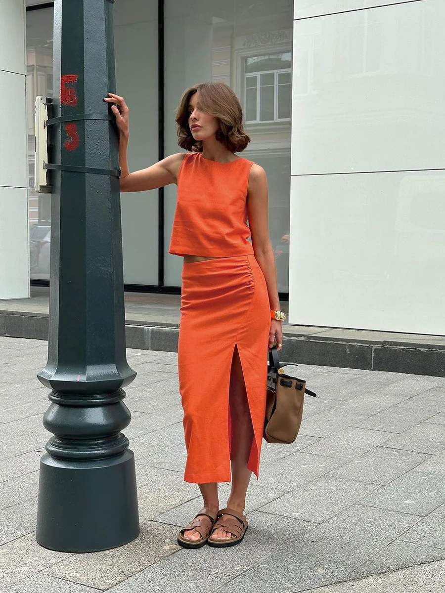 Linen Vest Suit Fashionable Round Neck Sleeveless Top And Side Slit Long Skirt Two Pieces Set Slim Casual Solid Color