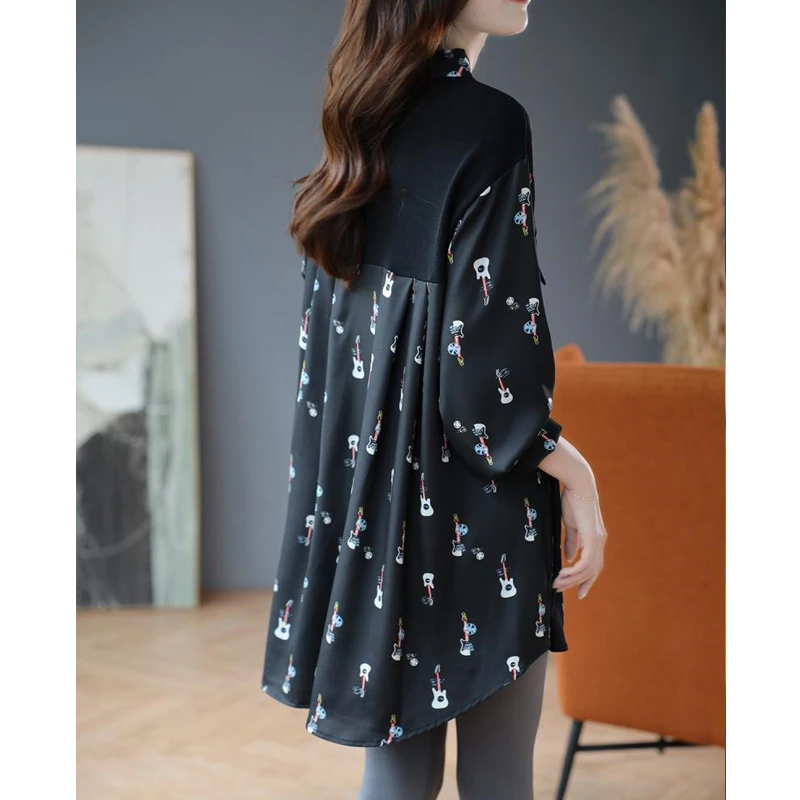 Women's Korean Fashion Print Patchwork Chic Shirt Casual Streetwear Oversized Irregular Blouse Long Sleeve Tuinc Tops Y2K Blusas
