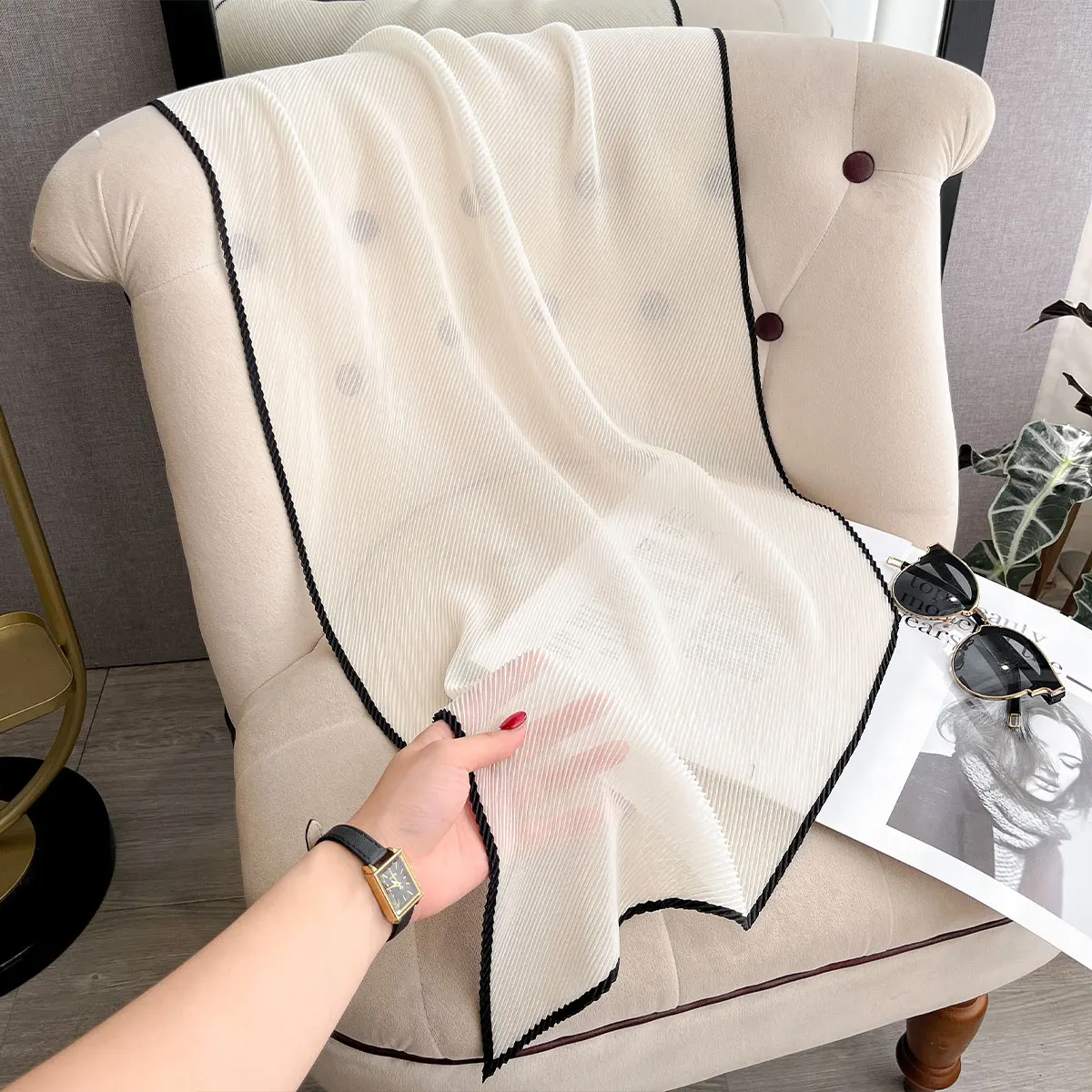 Women Pleated Satin Solid Scarf Headscarf long Shawl Sun protection Hair Tie Band HandKerchief Satin Foulard Scarves Decorative