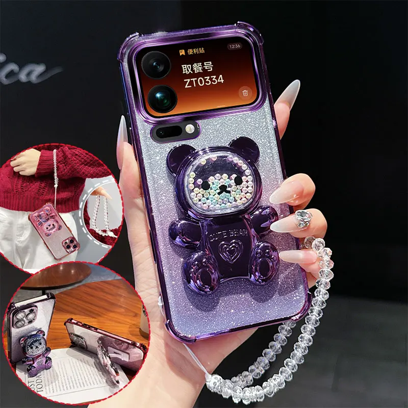 Shockproof Phone Case with 3D Bear Stand and Glitter Crystal Chain Lanyard