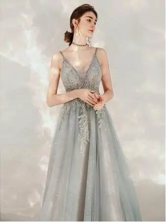 

Gray Cyan Prom Dresses Spaghetti Straps Luxury Beaded Elegant Sexy A Line Floor-LengthV Neck Wedding Party Evening Gowns Formal