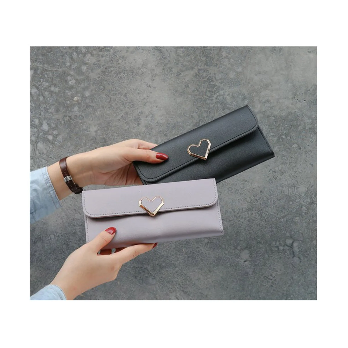 

6 Colors Women Long Wallets Fashion Heart Pattern PU Pure Ladies Zipper Purses with Coin Packet