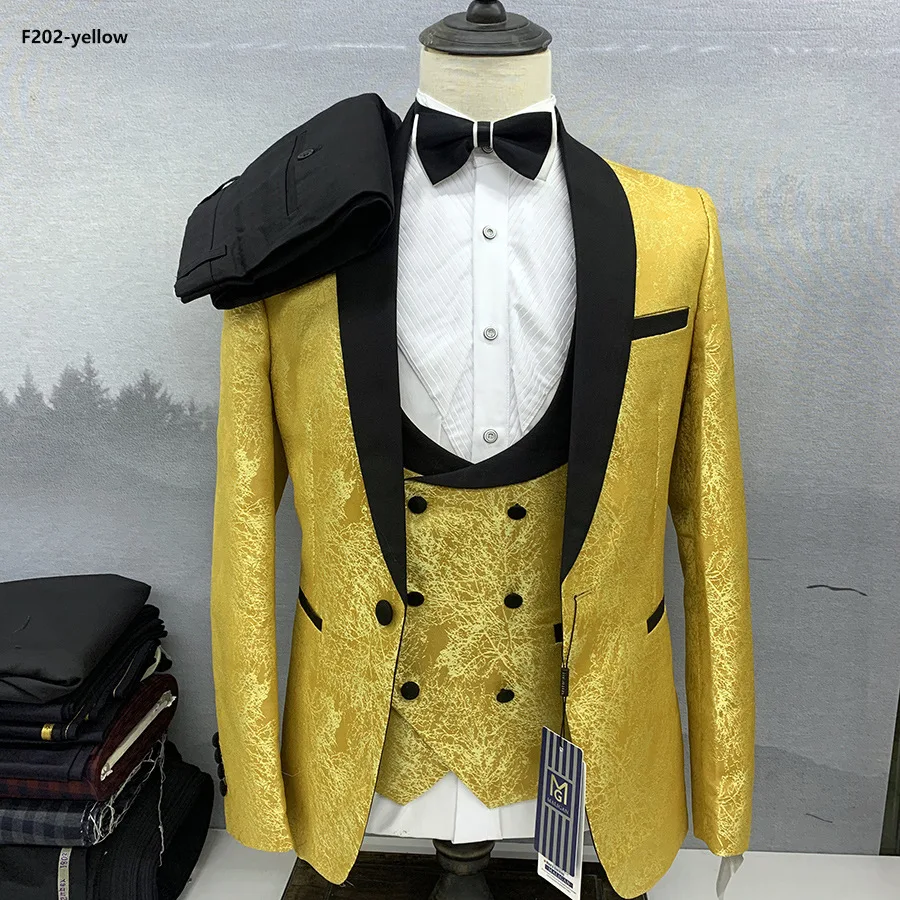 

Yellow Jacquard Printed Black Shawl Collar 3-Pc Set Man'S Suit Elegant Set Boyfriend Slim Fit Male Blazer Wedding Ceremony Dress