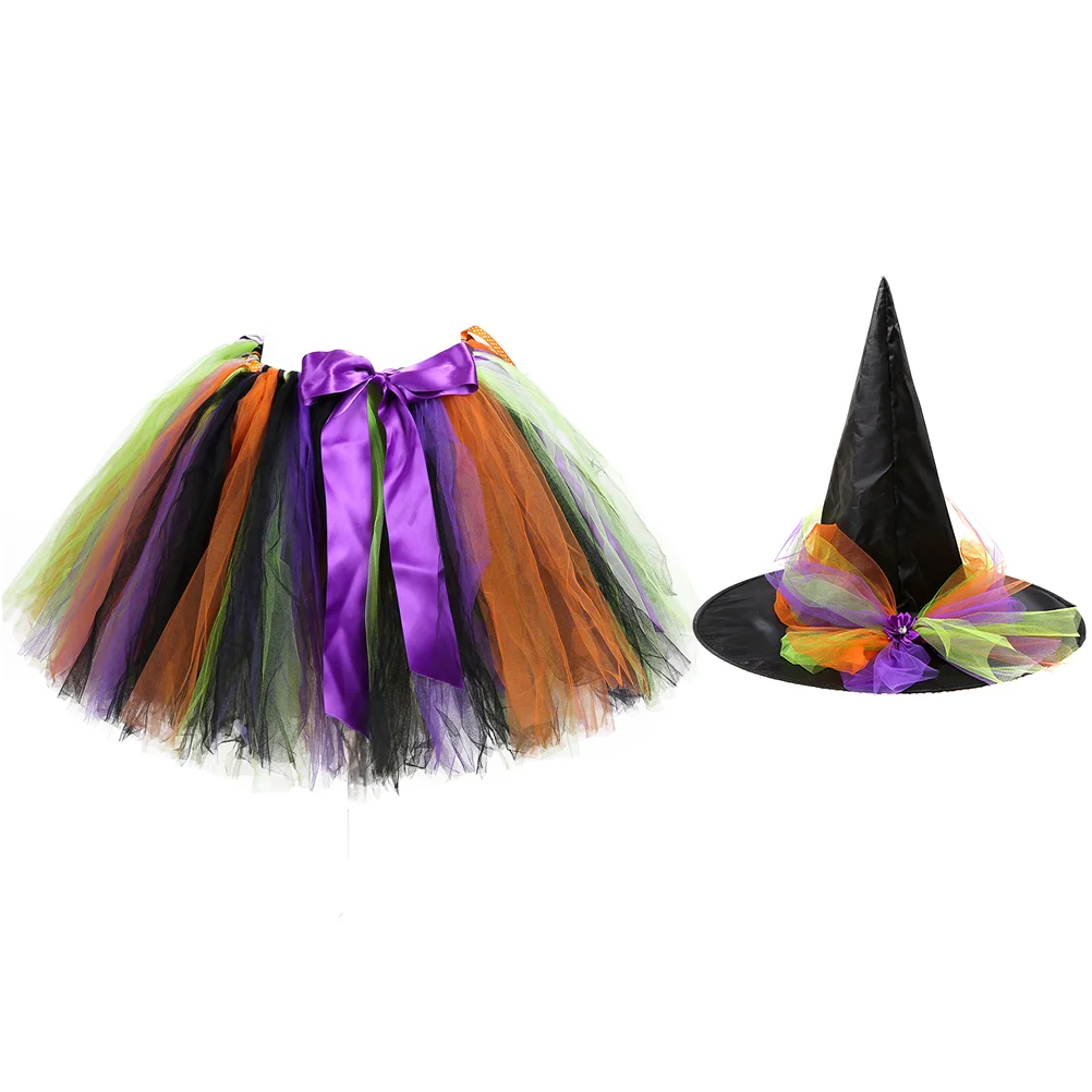 

Halloween Witch Dress Set Tutu Festival Party Witch Puff Skirt Kids Set for Party Birthday Festival Performance Size S