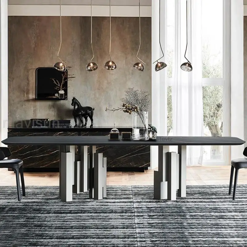 

Indoor Light Luxury Marble Stone Rectangular Top Table And Chairs Balcony Dining Room Modern Minimalist Creative Furniture
