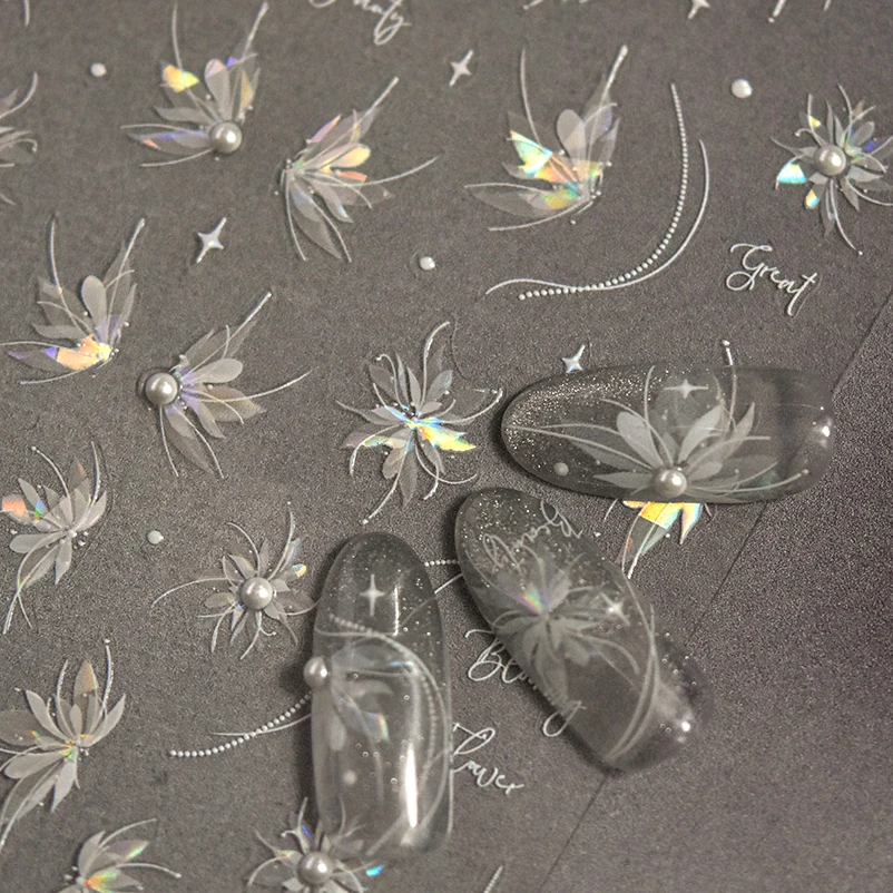 5D translucent nail stickers high quality embossed pure white dahlia ...