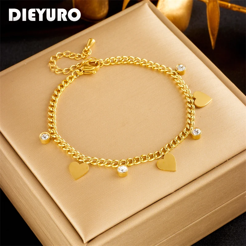 DIEYURO316LStainlessSteelHeartLoveZirconCharmBraceletForWomen