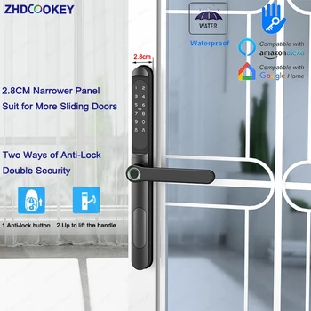 좁은 슬라이딩 문짝 스마트 잠금 방수 TTLock 지문 RFID 카드 암호, 기계식 잠금 방지 알루미늄 문짝 잠금 장치, 2.8cm