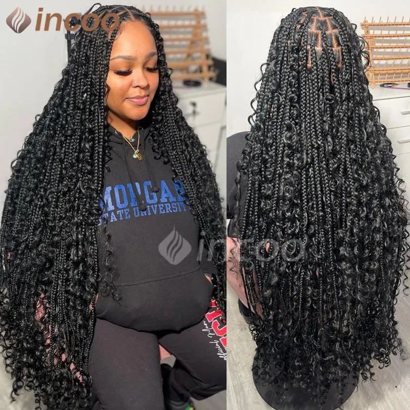 

Bohemia Full Lace Box Braided Wigs Curly Deep Wave Synthetic Lace Front Wig With Plaits Knotless Boho Box Braids Wigs For Women