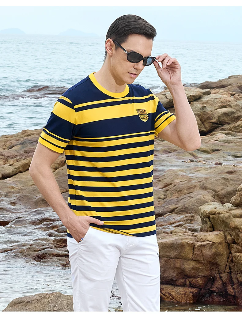 New Straight Men's Short T-shirt Round Neck Bruce&Shark Fashion Men's Stripe Tee Stretch Cotton Summer Breathable Tops Big Size 16 S2fc86c5b4c984703b3a97d0b57b14938S