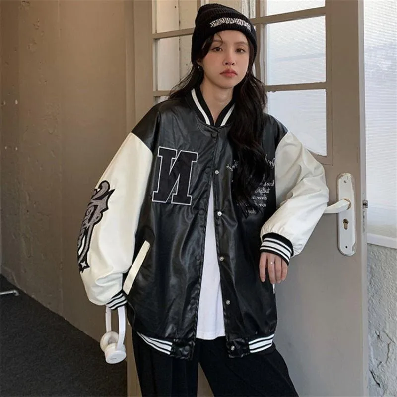 HOUZHOU Leather Baseball Jacket Women Vintage Oversized College Korean Fashion Varsity Jackets Hiphop Bomber Coats Spring 2024 new korean style cartoon bear baby hat corduroy soft hat brim kids peaked cap fashion adjustable spring autumn baby baseball hat