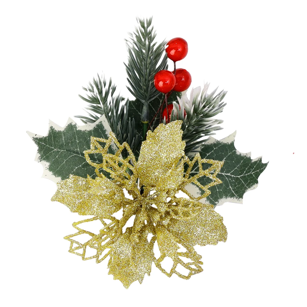 thumbnail image 1 of 5/1 piezas de flores artificiales con purpurina, bayas rojas para Navidad, adornos para árbol de Navidad, regalos de Año Nuevo para decoraciones de bodas y fiestas, 1 of 6
