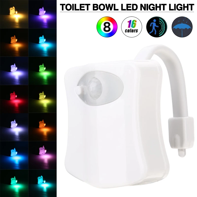 

Светодиодный унитаз, 8 цветов, ночник, умный светильник, активируемый движением, для ванной комнаты, туалета, туалетный светильник с питанием от батареи AAA