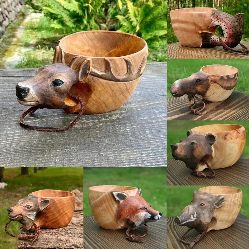1pcs Rubber Wooden Water Cup Raccoon Wolf Fox Boar Deer Fish Head 3D Stereo Mark Cup Water Cup Hand Carved Animal Head Cup