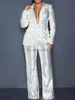 Women Suit Long Sleeve V-neck Polyester Sequined 2 Pieces Sets Top and Pant Ladies Temperament Commuting Slim Sequin Sets 2024 3
