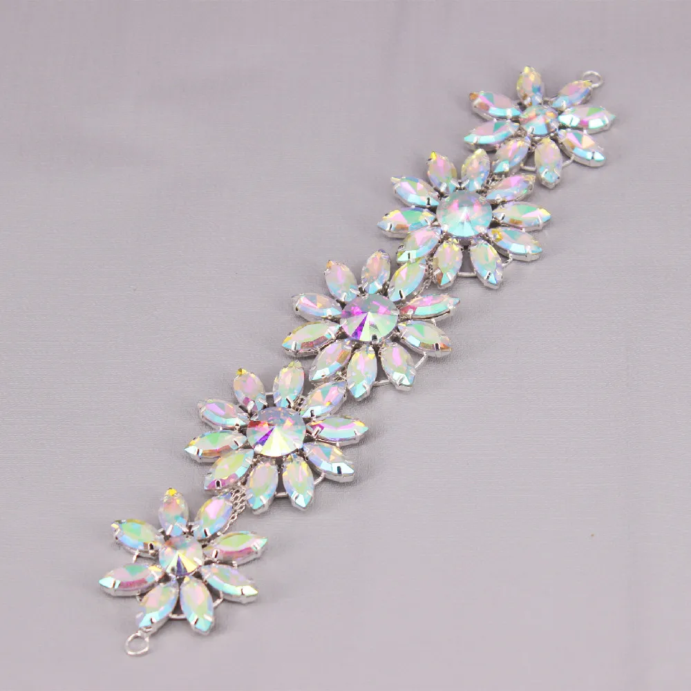 Crystal AB Rhinestone Patch Wedding Dress Decoration Flower Shape Sew On Epaulette Shoulder Tassel Pad Applique