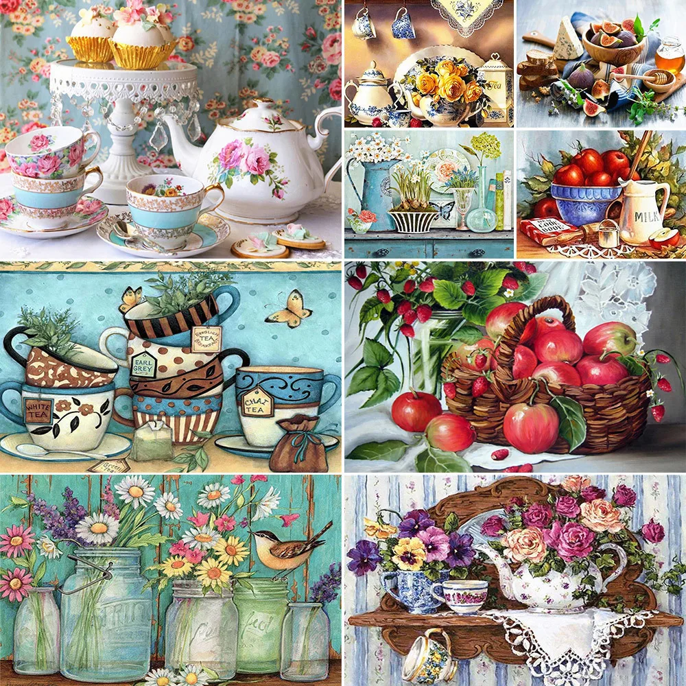 Teetasse, Blumen, vorgedruckt, 11 CT, Kreuzstichmuster, Stickerei, Stricken, Handarbeit, Basteln, Schmuck, Designpaket