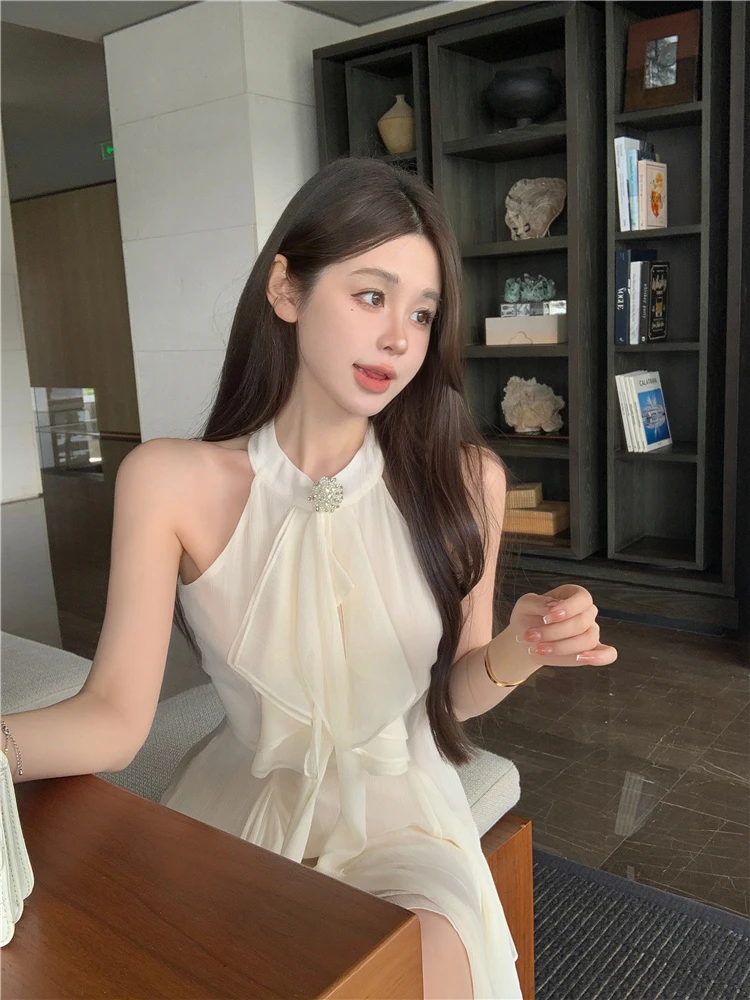 Elegant Halter Ruffles Short Dresses for Women Diamond Sleeveless A-line Sexy Evening Party Dress Prom Korean Chic Vestido Mujer