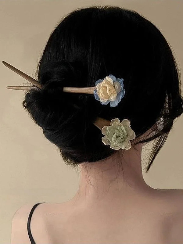 새로운  중국 스타일 차 장미 머리핀 수 놓은 패브릭 3D 꽃 머리핀 Qipao Updo 헤어 액세서리 유행