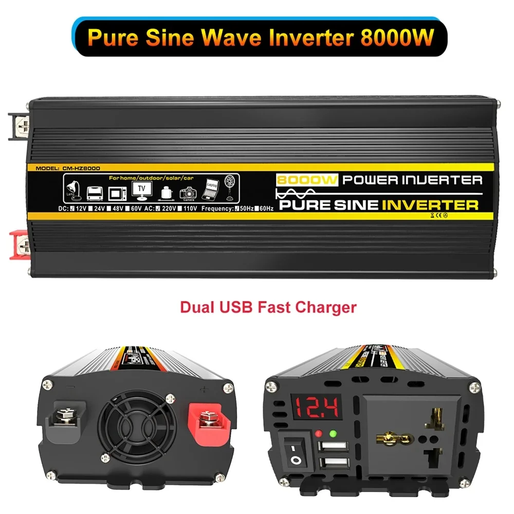 Pure Sine Wave Power Inverter 3000W-8000W DC12V to AC 220V Converter for Car Home