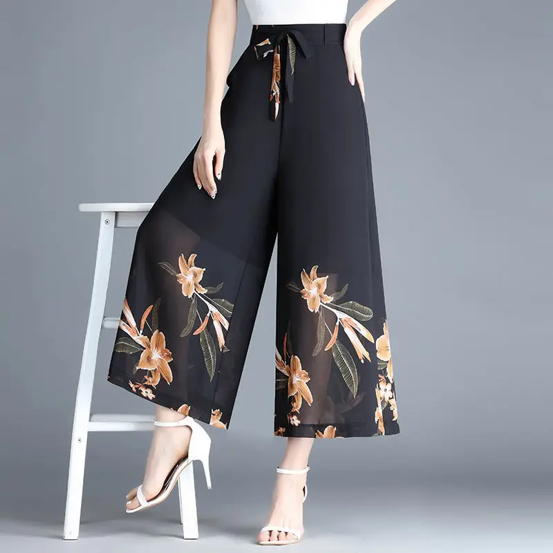 Summer Women Pants High Elastic Waist Print Skirt Trouser Wide-legged Pants Chiffon Nine-minute Pants Korean Black Pants