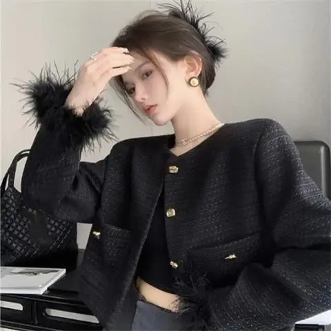 Tassel short jacket Women's autumn tweed black loose long-sleeved top  jackets for women 2023  winter jacket women