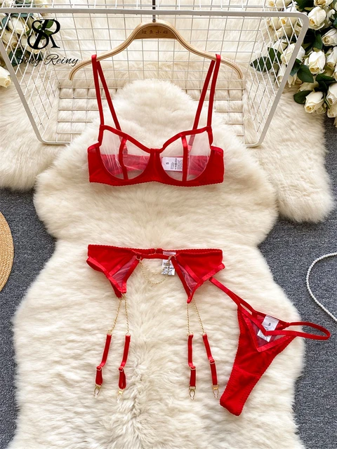 SINGREINY Fashion Sheer Lingerie Three Pieces Sets 2023 Strap Mini Bra+Thongs  Female Erotic Porn Outfit Underwear Sexy Suits - AliExpress