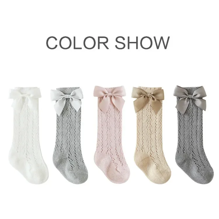 Summer Solid Color Spanish Bow Princess White Socks Mesh Hollow Out Thin Stitch Knee High Long Tube Stockings for Children Girls